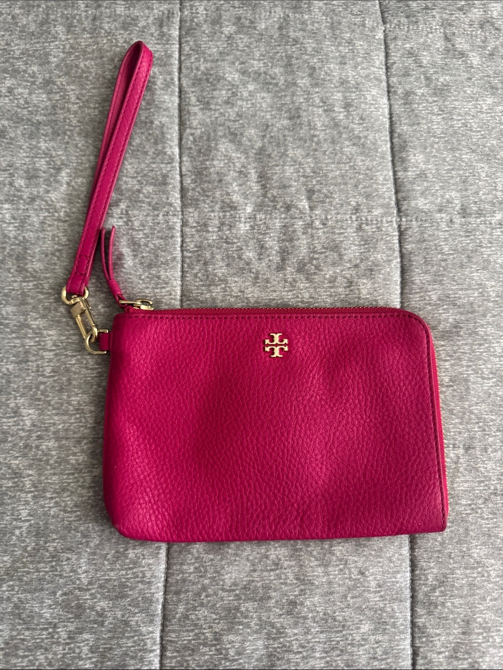 Tory Burch Fuchsia Pebbled Leather Wristlet with Gold Logo